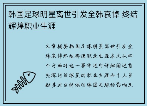 韩国足球明星离世引发全韩哀悼 终结辉煌职业生涯